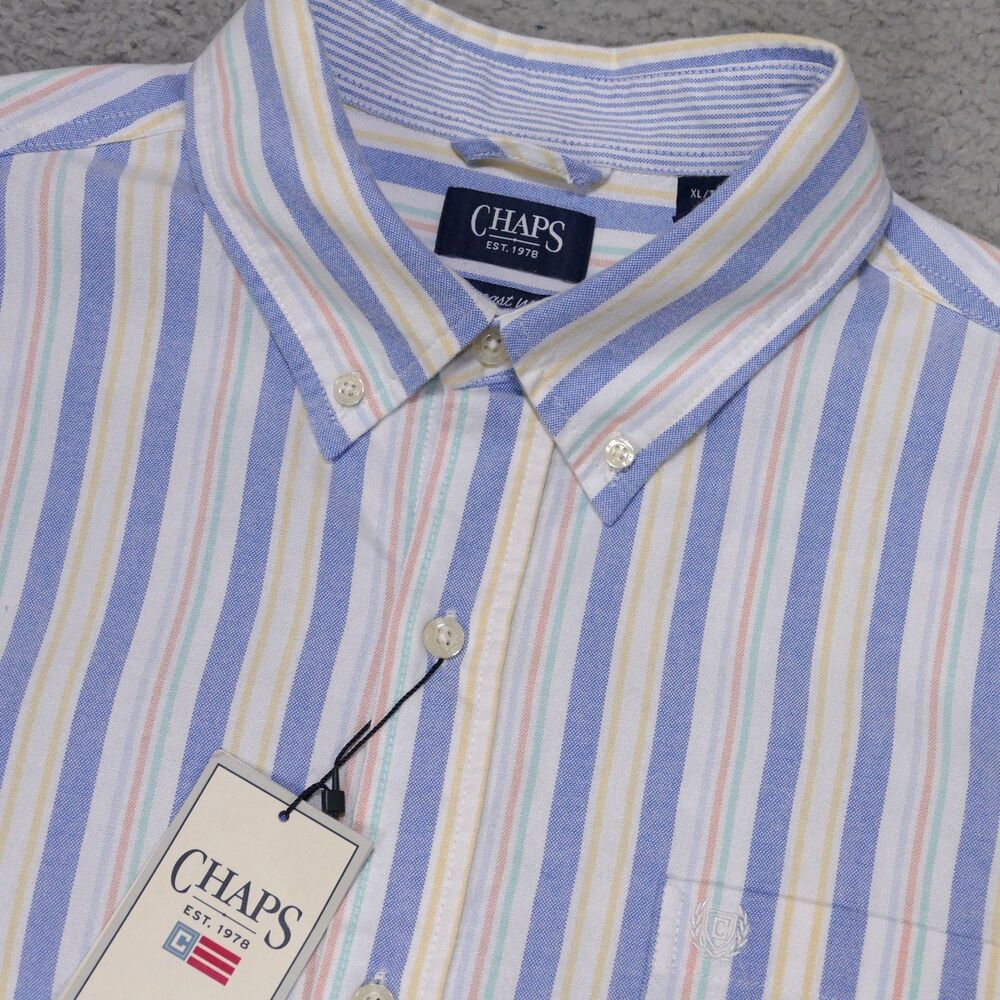 Chaps Seacoast Wash Oxford Shirt Mens XL Blue Yellow Striped Long Sleeve